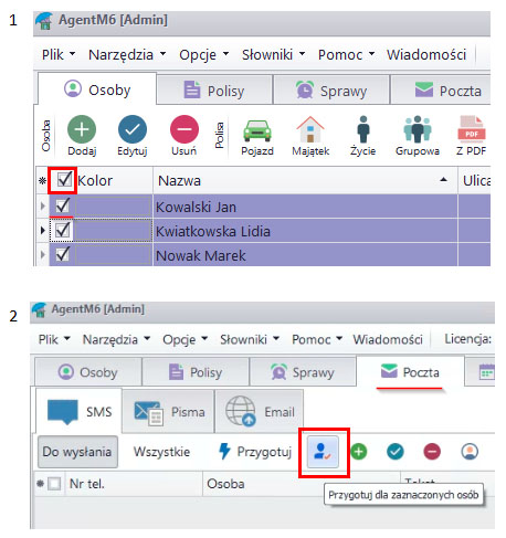 Wysyłanie SMS do zaznaczonych osób